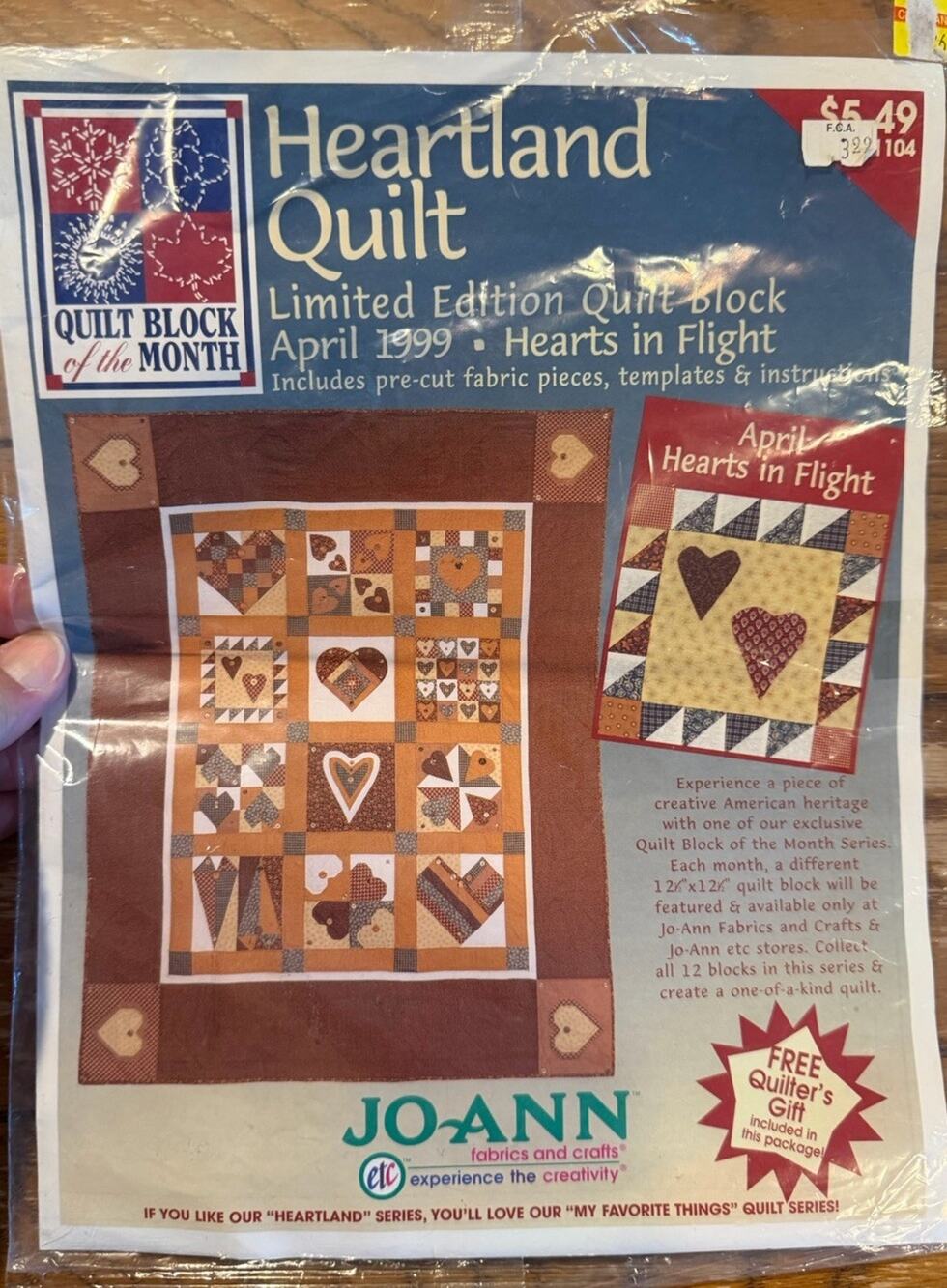 Jo-Ann Heartland Quilt Block Kit April 1999 Hearts in Flight Sealed Vintage Y2K
